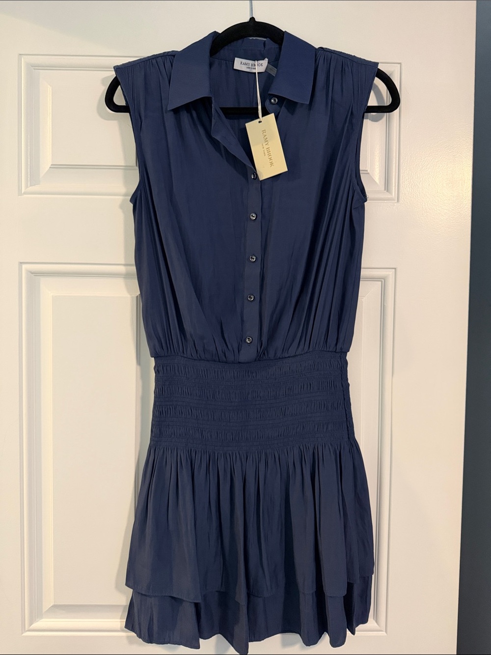 Ramy Brook Navy Sleeveless Smocked-Waist Mini Dress